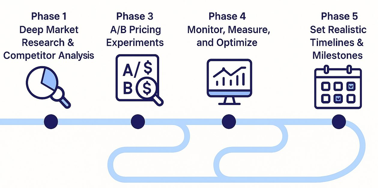 Infographic of a 5-phase pricing strategy roadmap showing deep market research, A/B pricing experiments, monitoring and optimization, and setting realistic timelines and milestones