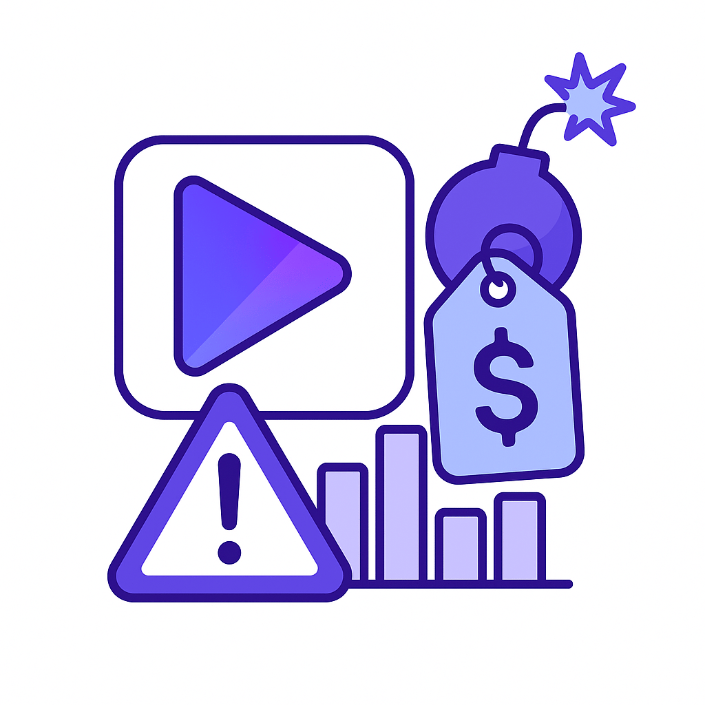 Illustration showing a play button icon, a warning triangle with an exclamation mark, a bar chart, and a bomb with a price tag attached, symbolizing risky or explosive pricing strategies.
