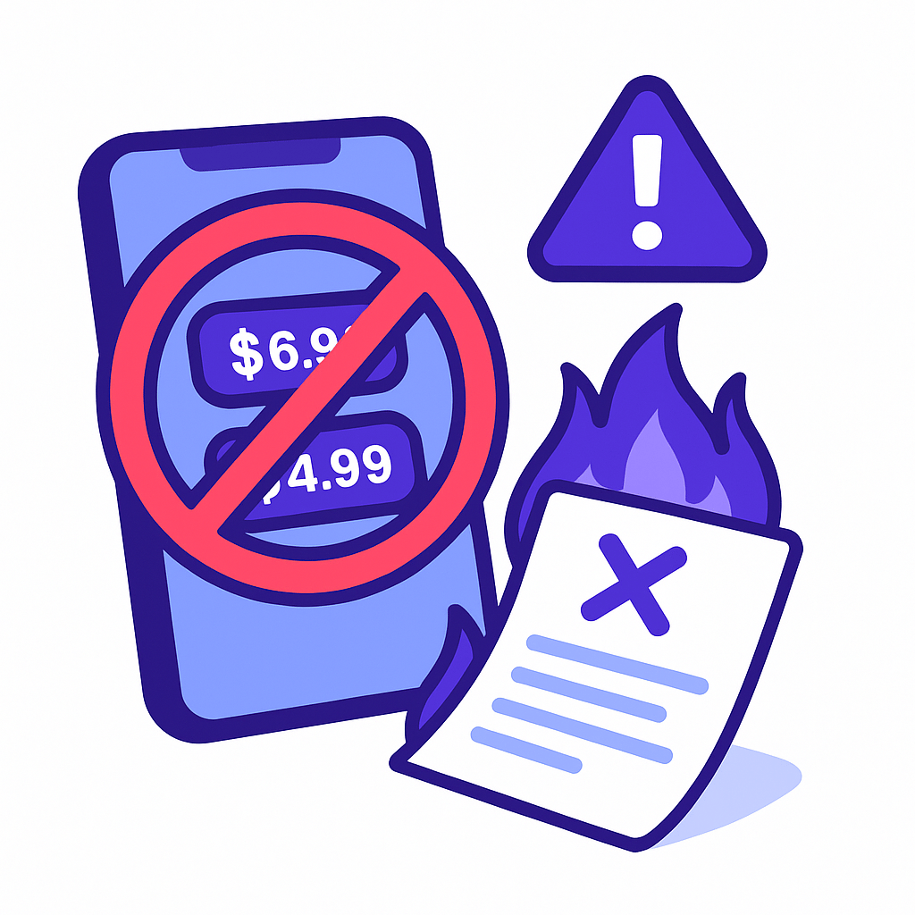 Failed 2025 mobile app pricing experiment illustration showing smartphone subscription prices crossed out, warning symbol, and rejected document on fire