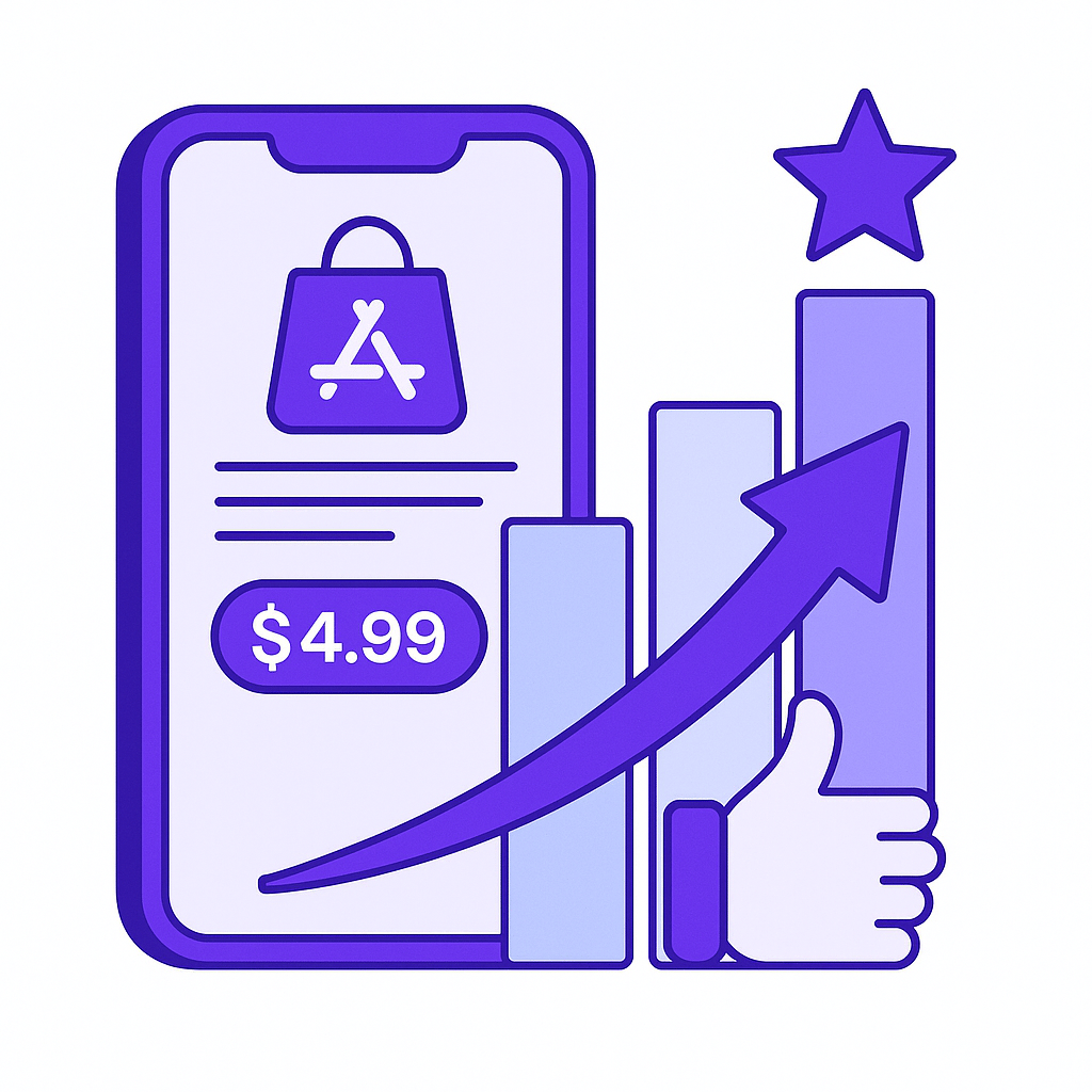 Illustration of a $4.99 app on a smartphone screen with an upward trending bar chart, star icon, and thumbs-up symbol, representing positive growth and strong performance from app pricing.