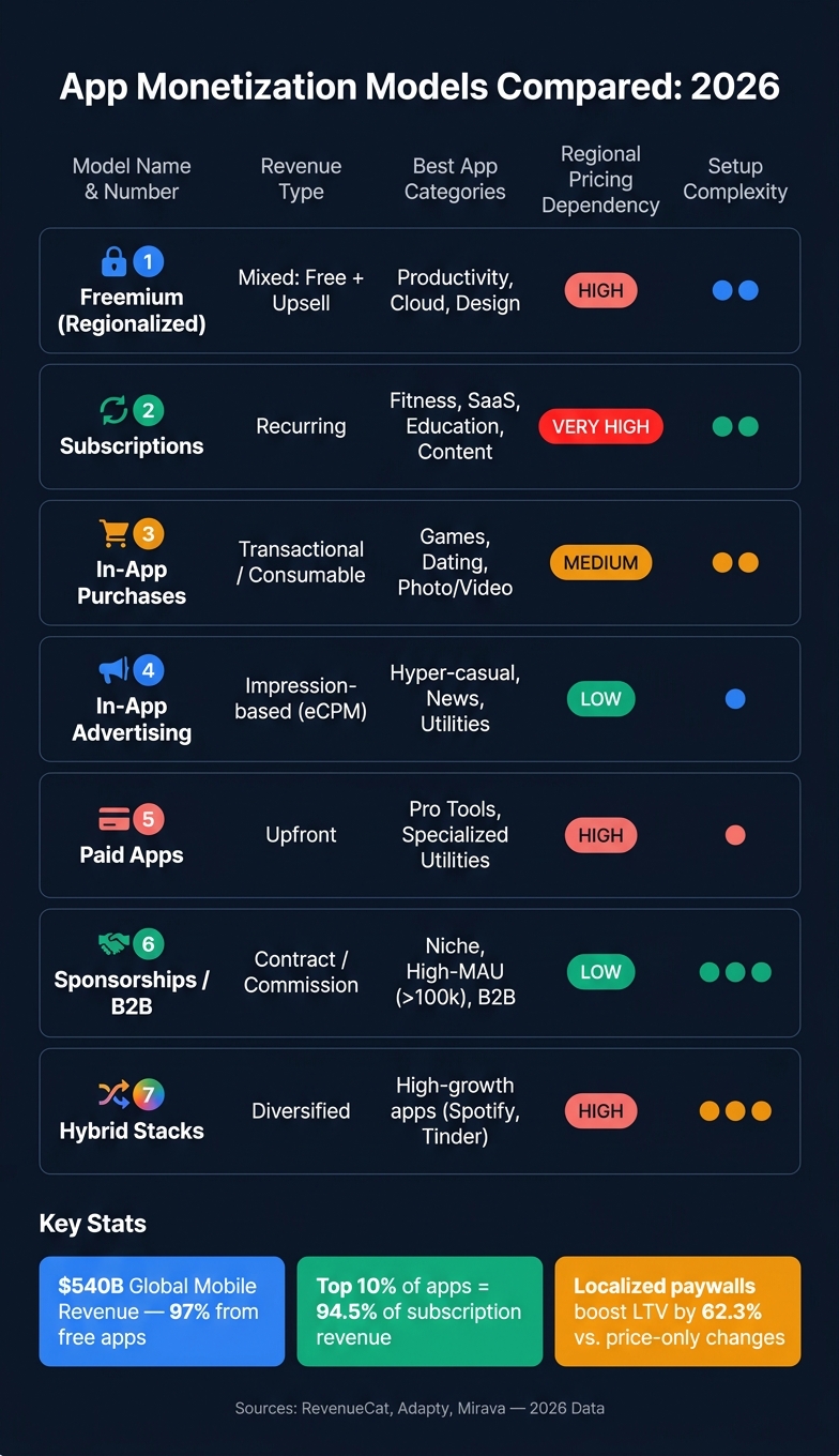 App Monetization Models Compared: Revenue, Complexity & Regional Pricing (2026)